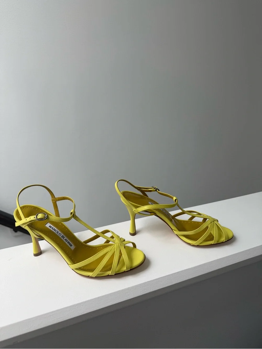 Manolo Blahnik Yellow Strappy T-Strap Heels
